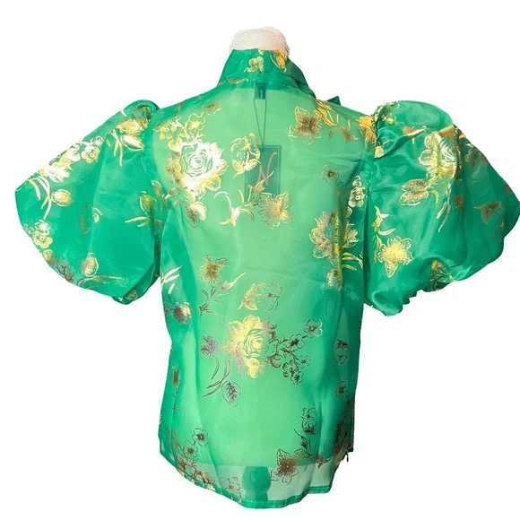 #A117 Nancy Sheer Luxe Green & Gold Organza Puff Sleeve Top NWT L - Picture 6 of 14